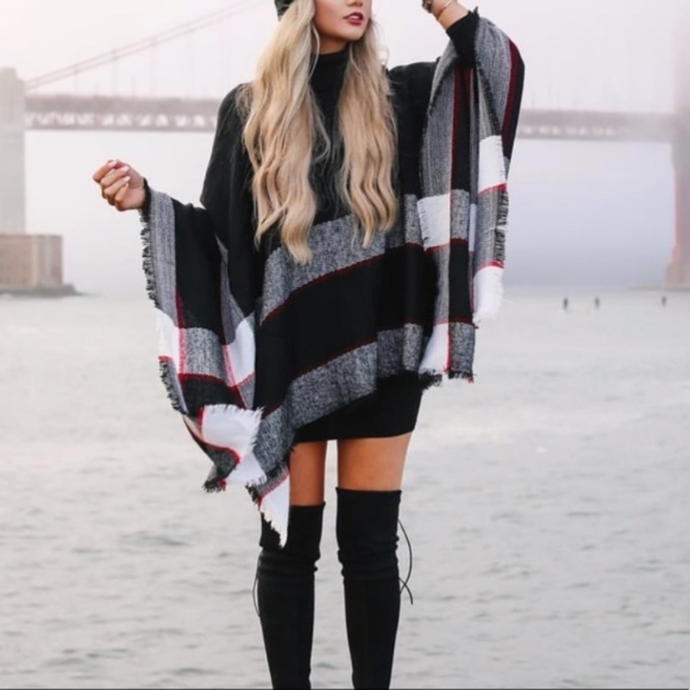 034 Cozy Brown Turtleneck Plaid Poncho - Picture 4 of 10